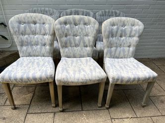 Set of 6 Anthropologie Ivory/Blue Flame Stitch Dining Chairs