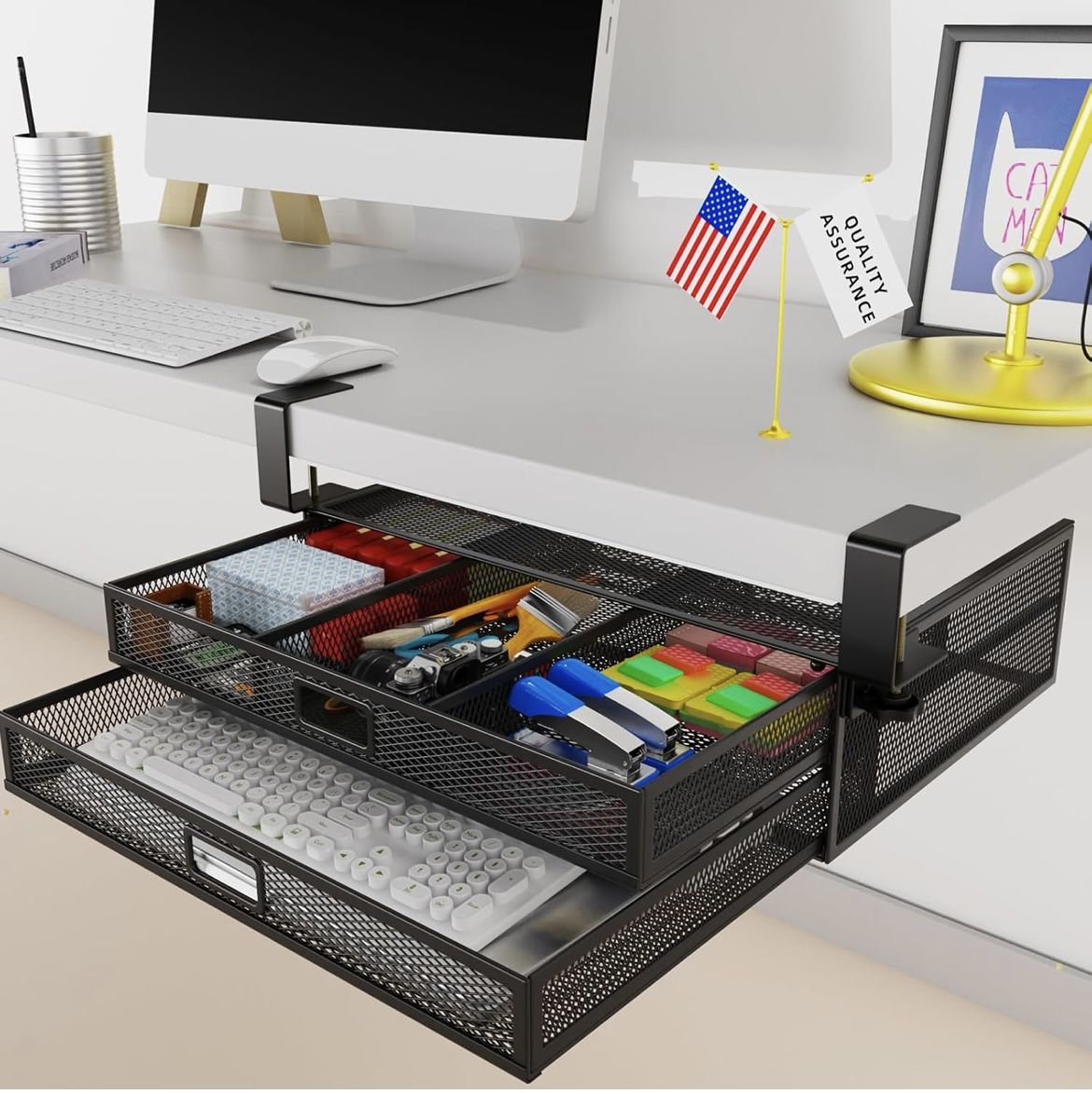 Under Desk Organizer No Drilling - 2 Slide Out Drawers, Clamp On Storage Management System Suitable for Home and Office 🆕👍Retails $35.99