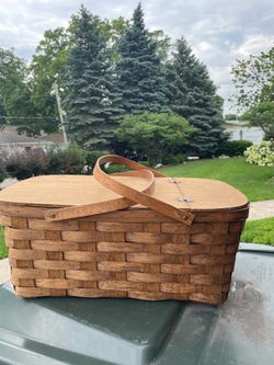 Vintage Hand-Woven Ash Wood Picnic Basket Rustic Farmhouse Decor