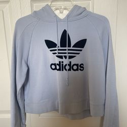 Adidas Cropped Hoodie Ribbed Sleeves Felt Logo Size Small Womens Light Blue 
