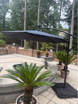 Brand new grey Brand new navy blue 10Ft Solar Lights Offset Cantilever Patio Umbrella - W/Light And Base, LED Lighted Offset Hanging Patio Outdoor Mar