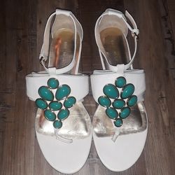 Women's Sz. 8 White Flats Sandals Shoes Faux Turquoise Stones