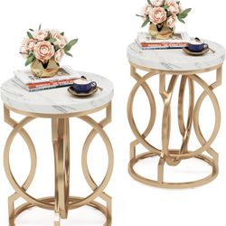 Tribesigns Modern Round End Table Set of 2 with Thickened Tabletop, 20" Gold Side Table with Unique O-Shaped Metal Base, Midcentury Nightstand for Liv
