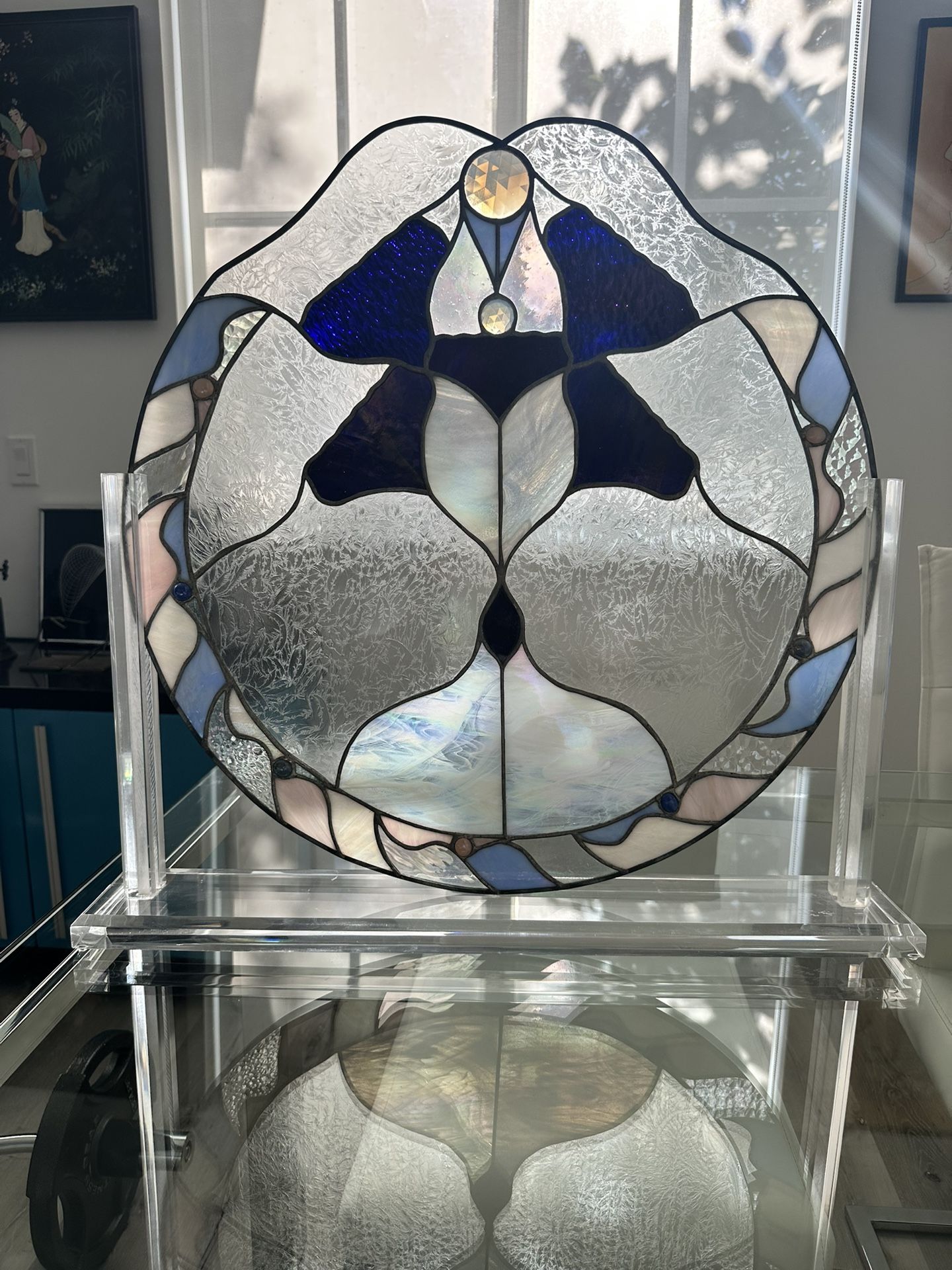 Diane Katz 1990 Stained Glass With Lucite Stand Signed