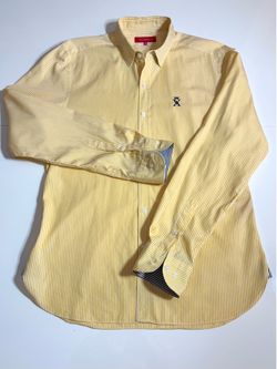 VICOMTE Made in France Men's Shirt Yellow/White Embroidered Logo Slim Fit Cotton Long Sleeve Size L