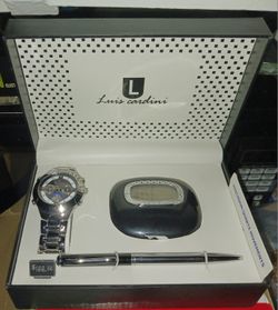 NEW IN BOX LUIS CARDINI MEN'S WATCH, PEN & CLOCK SET PAID $200