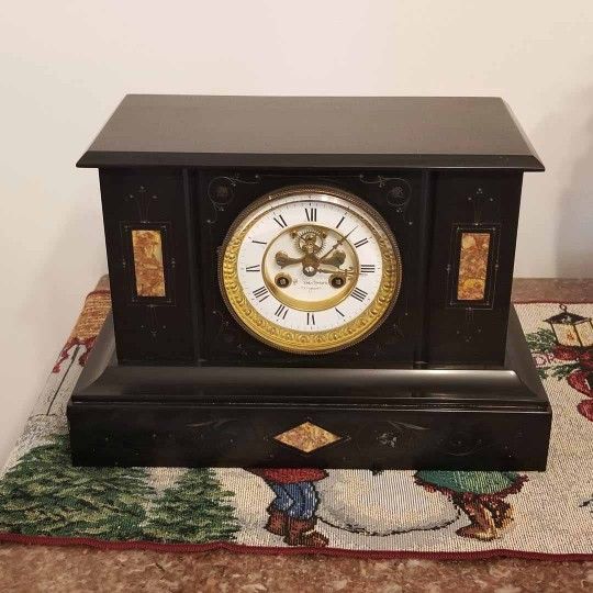 Antique black Marble Inlay Mantle Clock