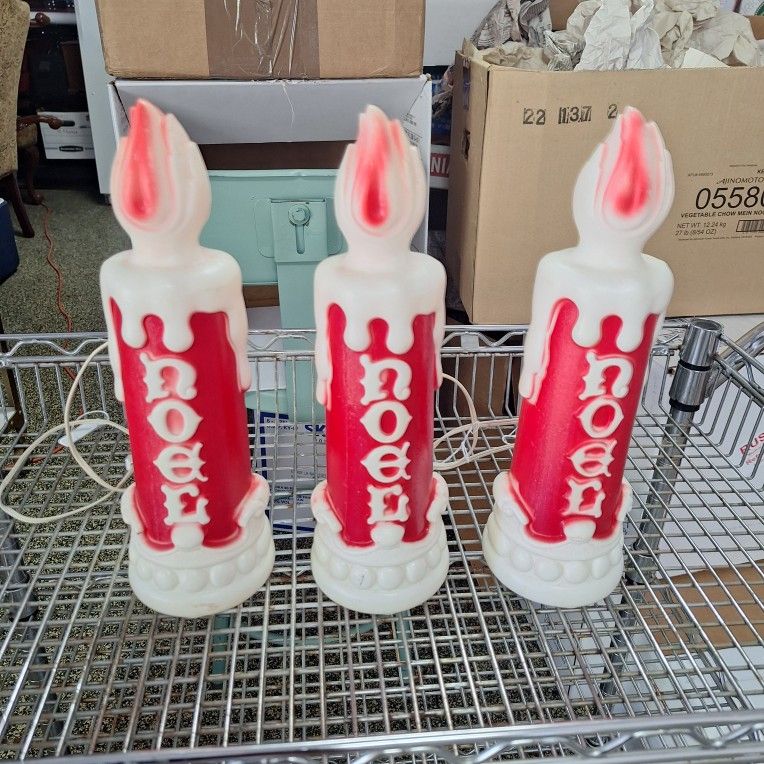 THREE Vtg Empire Plastic Blow Mold Candle Stick 13" Noel Christmas Table Top 1970