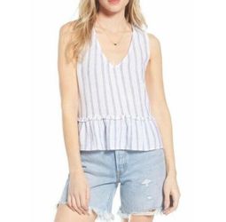 Rails Mira Juniper Stripe linen blend blue and white V-neck peplum top, size XS