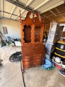 Antique Secretary Desk with Glass Hutch – Solid Wood