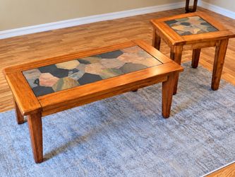 Wood and Stone Tile Coffee Table Set