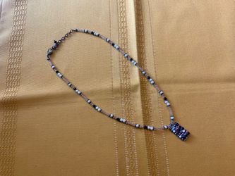 Beaded Crystal Pendant Necklace Black White Pink Rhinestone Bar Gunmetal 18"