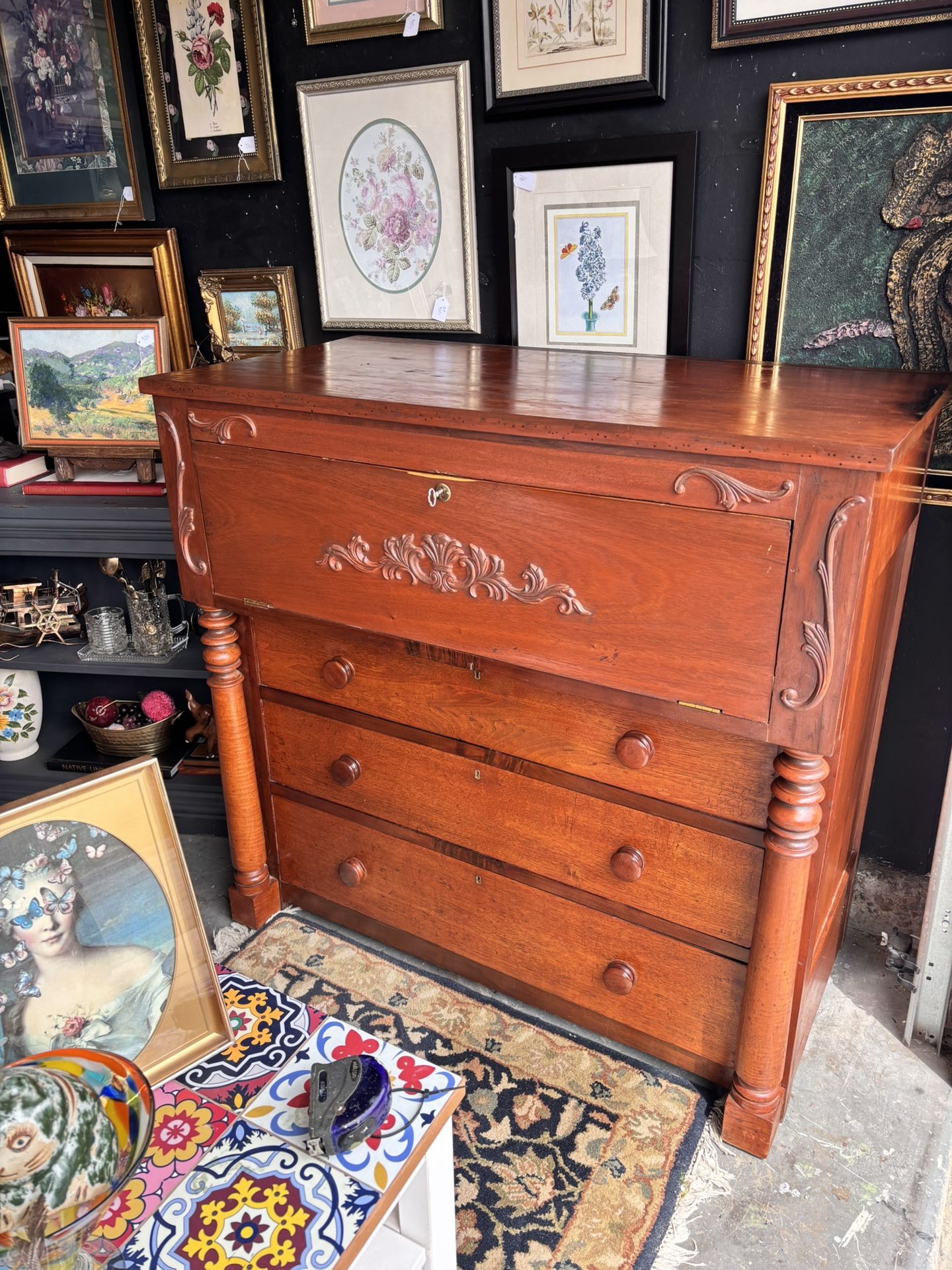 Antique Empire style vintage large mahogany dresser buffet with drop desk secretary 3 drawers