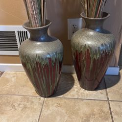 Set Of Two Vases/ W Dried Grasses