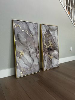 TWO (40x20) 40x40 LARGE Grey/Black/White/Gold Framed Abstract Marble Art