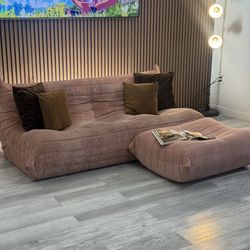 Modern Togo Style Loveseat with Ottoman – Pink Corduroy