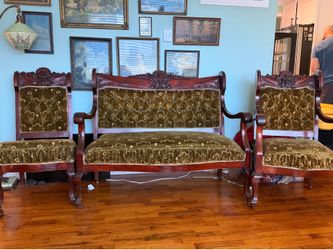 Victorian antique settee couch chairs original upholstery carved faces