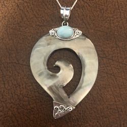Sterling Silver Pendant Hand Carved Mother Of Pearl Shell Set With Larimar