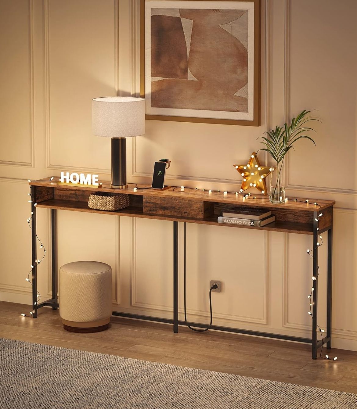 2 Colors Available 70.9-Inch Console Table with Outlet and Shelves, Sofa Table with Charging Station, Behind Couch Table Skinny, Entryway Table for Ha