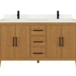 ART BATHE Vienna 60 in. W x 22 in. D Bath Vanity in White Oak Diamond Quartz Top with White Sink Power Bar and Drawer Organizer