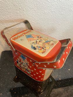 Vintage Mickey Mouse Magazine Red Tin With Handles Goofy Donald Bristol Ware
