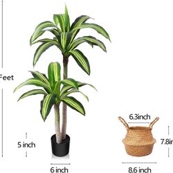 Ferrgoal 4 Ft Dracaena Tree Artificial Plant - Indoor Outdoor Faux Decor with Woven Basket 