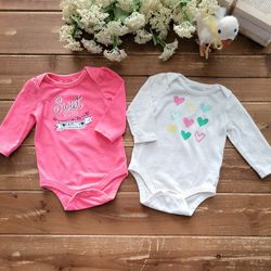 0-3MOS PAIR OF DARK CORAL & IVORY MULTICOLOR HEARTS LONG-SLEEVE BODYSUITS 