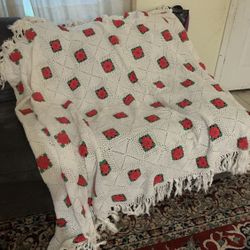Crochet Vintage Granny Square Quilt 3D Flower Blanket 108"X71”Cottagecore White
