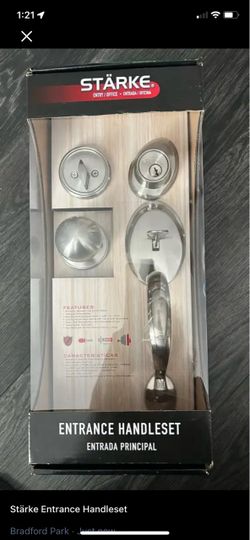 New Entry/Office door handle set with features listed on packaging.