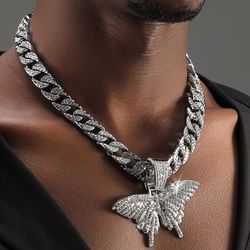3-Pcs Iced Out 14K White Gold-Plated Cubic Zirconia Butterfly Pendant With 18"/20"/22"/24"/26" Miami Cuban Necklace & Bracelet Set 