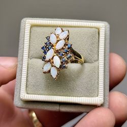 Stunning 🤩 !! Opal And Sapphire Ring Set In Gold Plated 925 Sterling Silver !