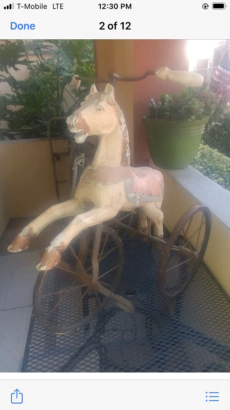 Antique hand carved wood horse tricycle