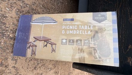NIB Stansport Aluminum camping table/bench with umbrella - 33.5x25.5”x25.5” - umbrella 56”x75” $50 firm - 67th ave/Bell