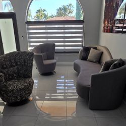 Modern living room set – Curved sofa + 2 swivel chairs