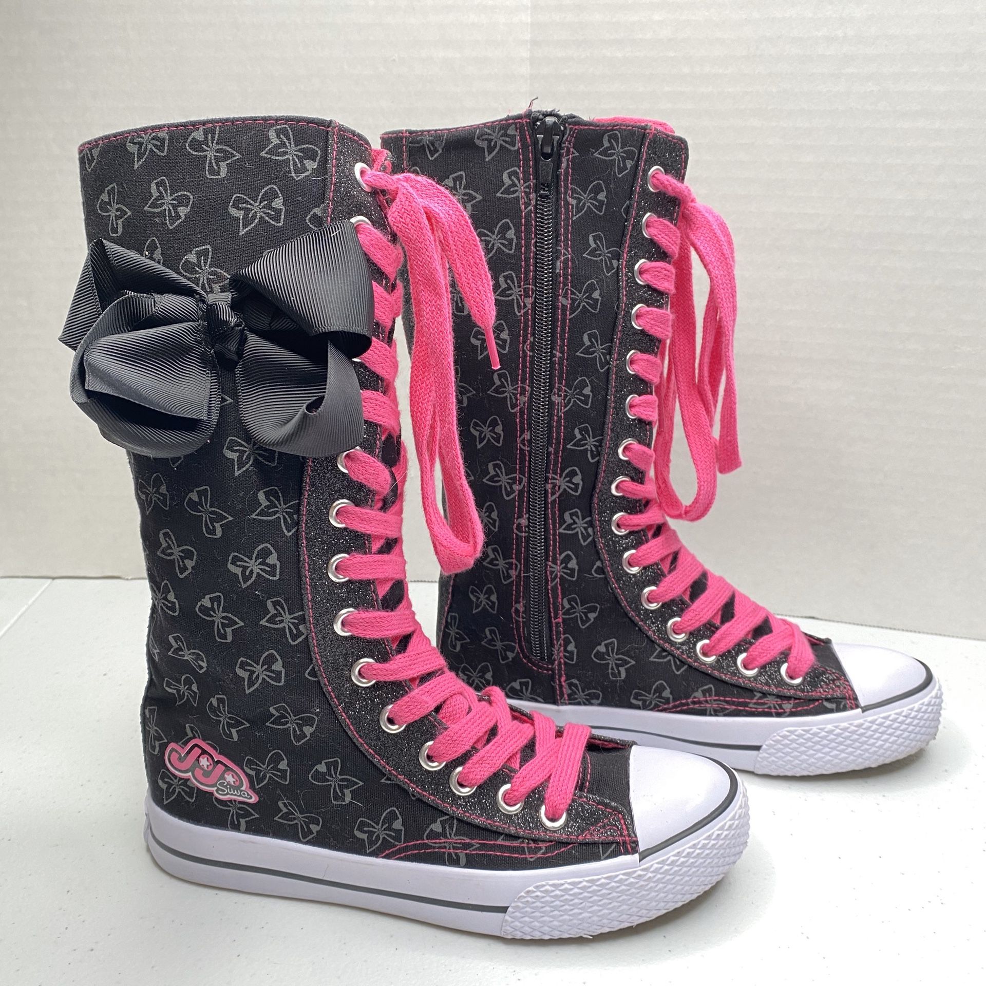 JoJo Siwa Girls Sz 2 Legacee Knee High Sneakers Pink Black Bow Lace Up Zipper