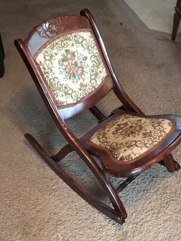 Vintage Wooden Fold Up Rocking Chair W Upholstered Back Seat For Open In The Appcontinue To Mobile Website