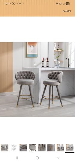Modern Barstools Set of 2, Mid Century Counter Height Bar Chairs, with Velvet Tufted Backrest Footrest, Swivel Bar Stools for Kitchen Island, Dining R