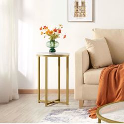 Round Faux Marble Top Side Table, Gold Accent Sofa Nightstand