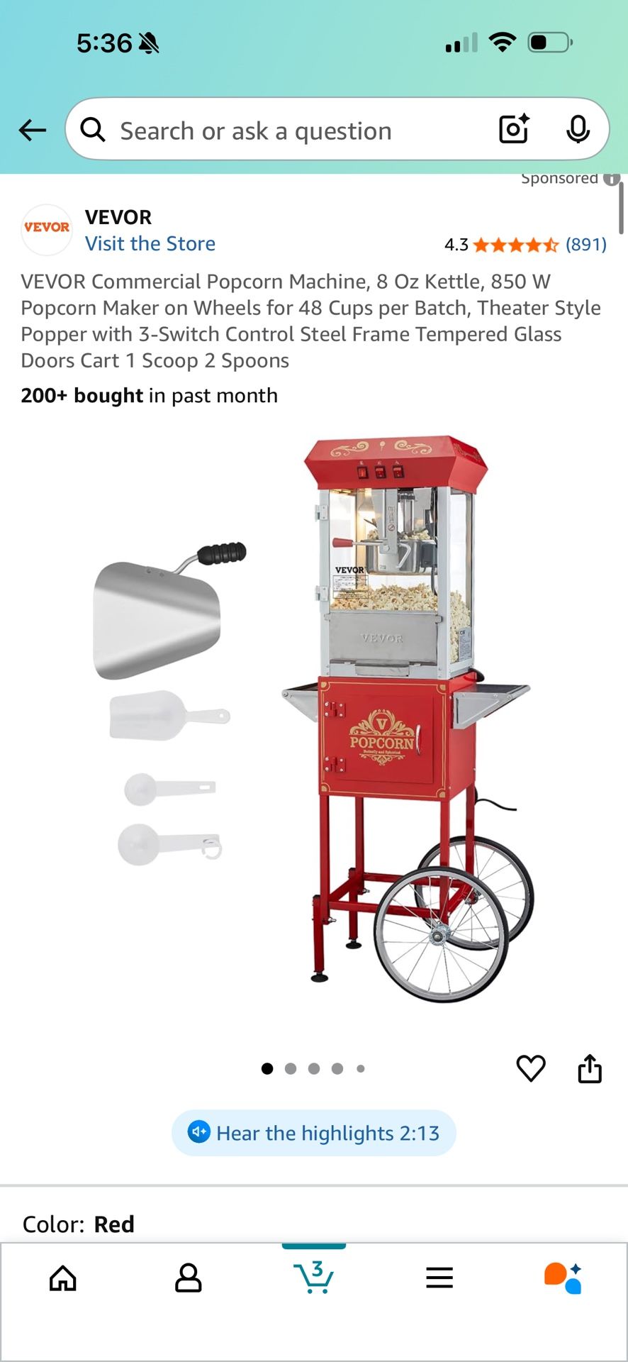 Vevor Popcorn Cart