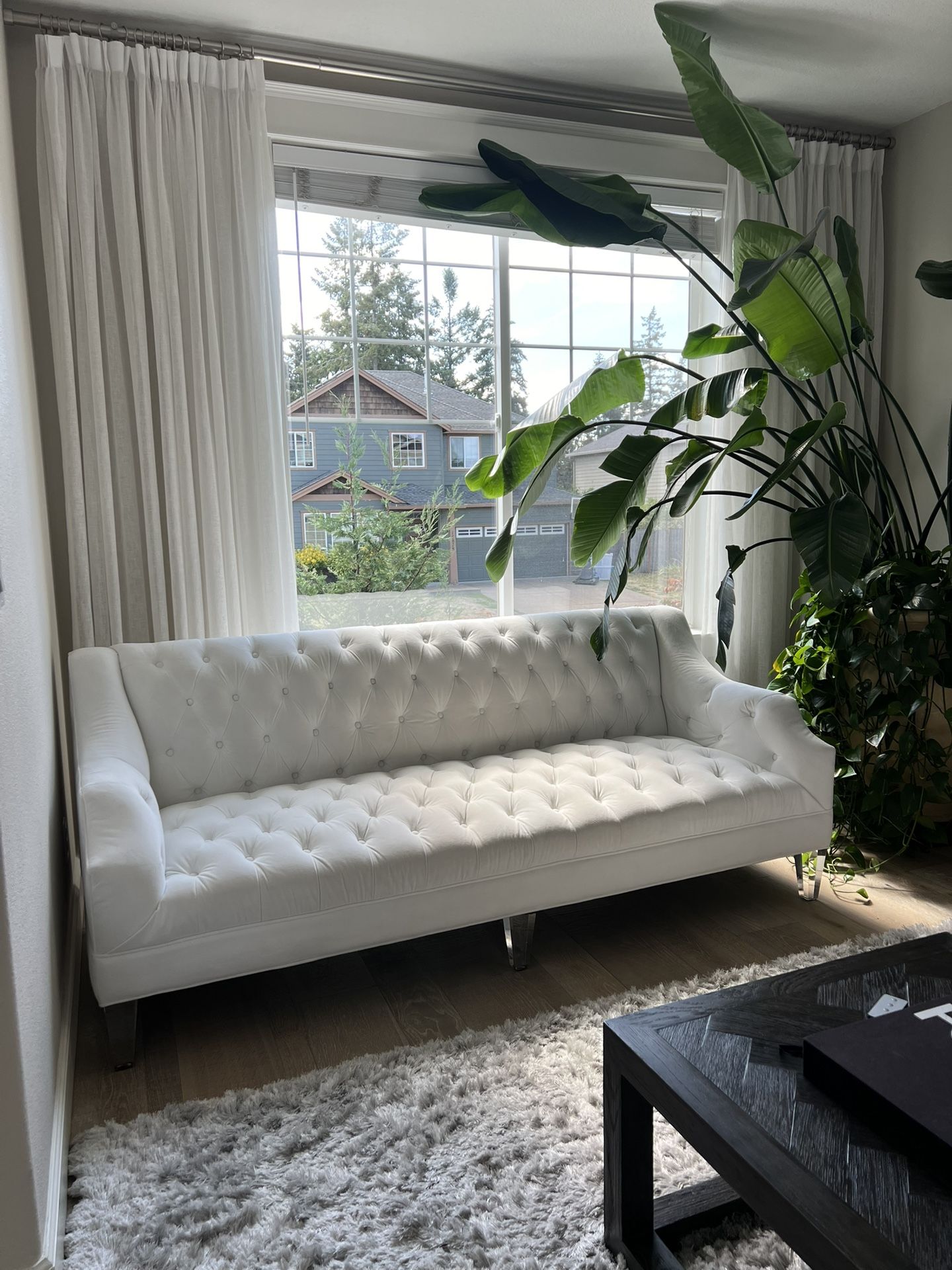 Velvet like White couch and chair acrylic legs RH Restoration Hardware