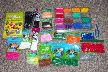 Lot of Perler Beads & Pegboards. 15 Colors 10 Boards