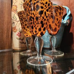 Set Of 3 AMICI Leopard Print Blown Glass Margarita Goblets