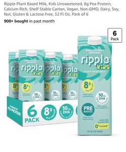 Ripple Plant Based Milk, Kids Unsweetened, 8g Pea 32 Fl Oz (Pack of 6)