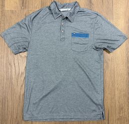 TravisMathew Gray Polo Shirt Men’s Medium Blue Stripe Pocket Golf #15A