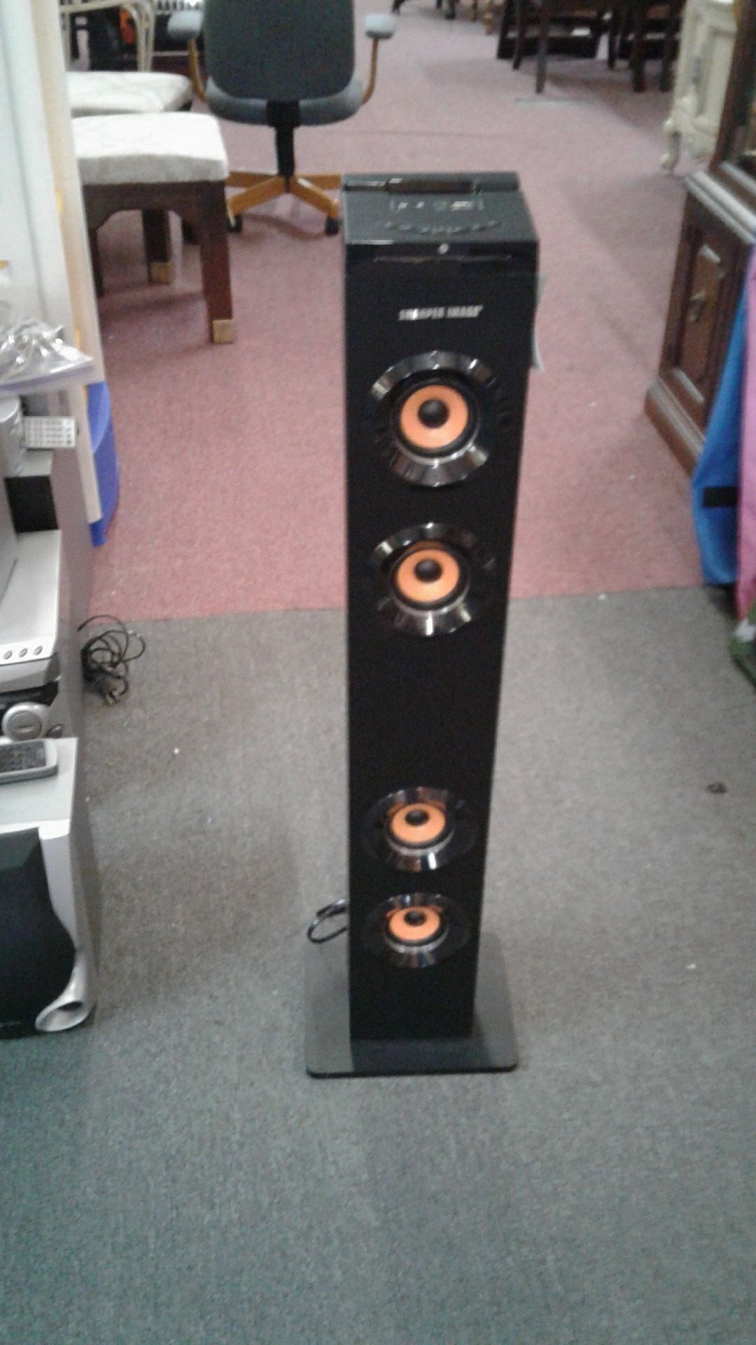 Sharper image Bluetooth tower speaker with lights, fm radio & remote--sbt1001