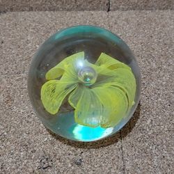 Round Clear Glass Art Yellow Flower with Suspended Bubble Paperweight