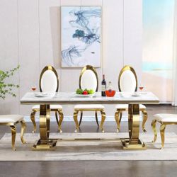 White Marble Dining Table With Gold Stainless Steel Base + 6 White / Gold Chairs