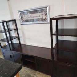 ALL Wood TV Console w 2 Matching, 4 Tier Shelf Units & 4 Storage Cabinets