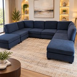 Large Blue 8 Piece Modular Sectional Sofa