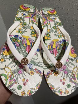 Tory Burch Women's Size 8 M Shoes White Green Floral Flip Flop Comfort Sandals like new
